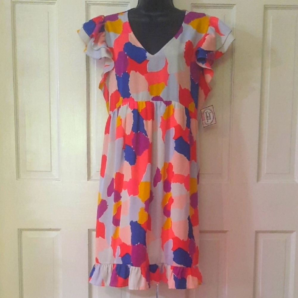 Colorful Dress with Ruffle Sleeves - Womens Size Large - Brand: JODIFL